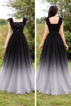 Tilton Women's Black Faux Georgette Embroidery Ombre Print Gown